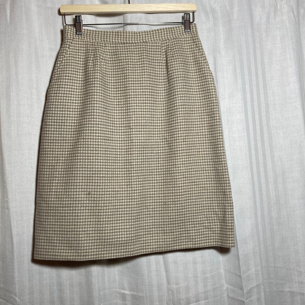 Evan-Picone Petites Vintage Wool Houndstooth Pencil Skirt Tan Cream Size 14P USA